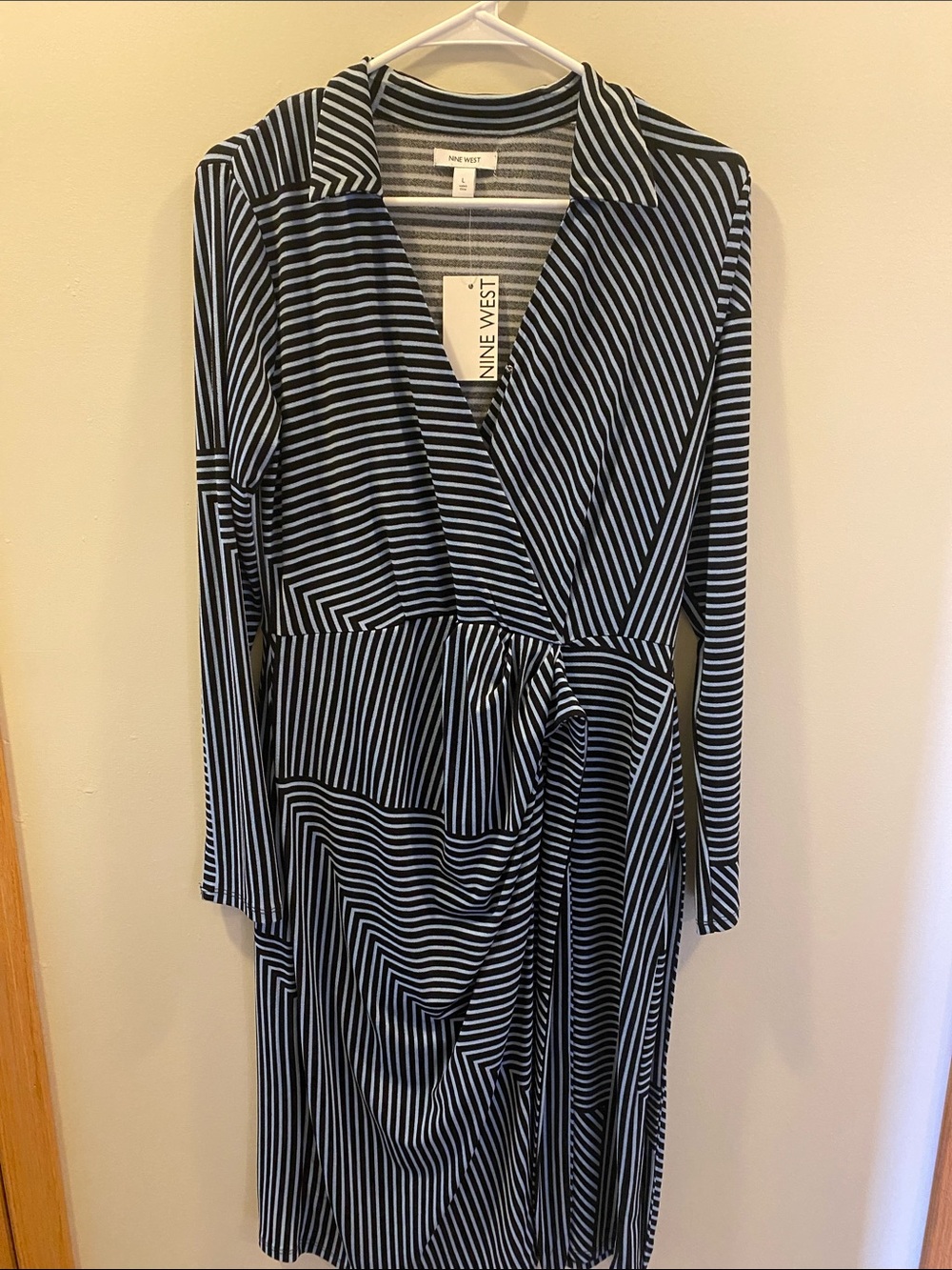 Nine West Black and Gray Striped Wrap-Style Long Sleeve Dress